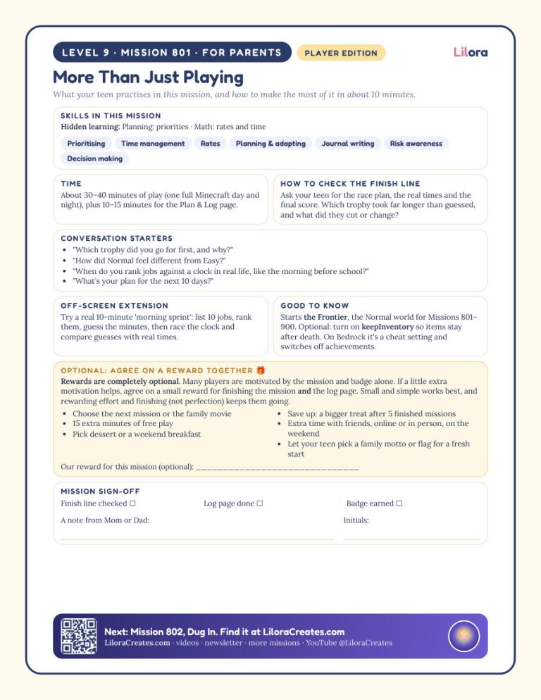 Sample page: Player Edition: page for parents