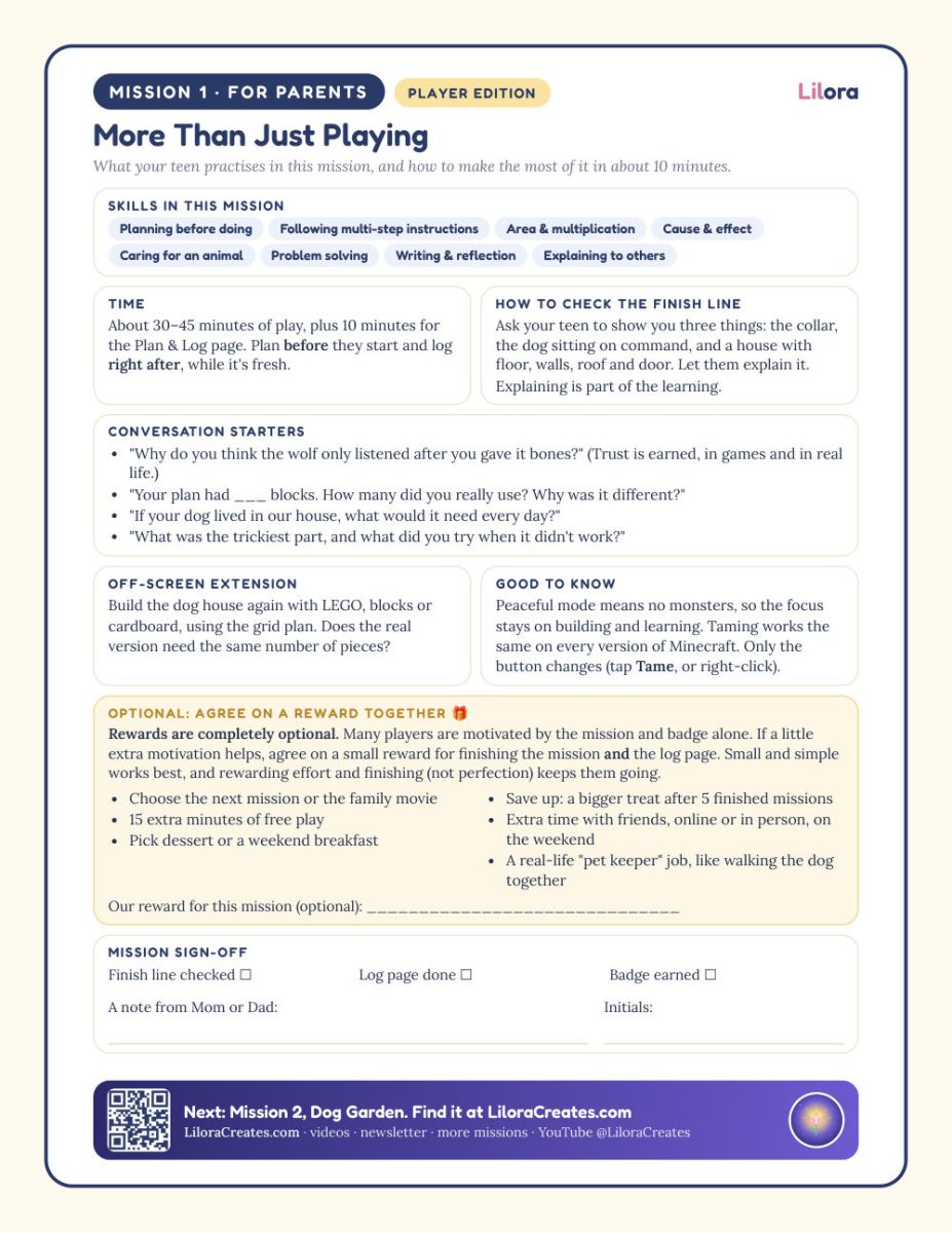 A sample "For parents" page from a Lilora mission: skills, time, how to check the finish line, conversation starters and an off-screen extension.